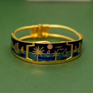 7 inch, Vintage Night Summer Scenery Gold Tone Hinge Bangle - K42